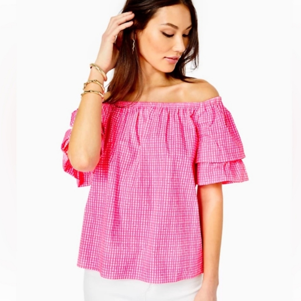 Lilly Pulitzer Frankee Off The Shoulder Top Pink Isle Along The Same Line XL NWT